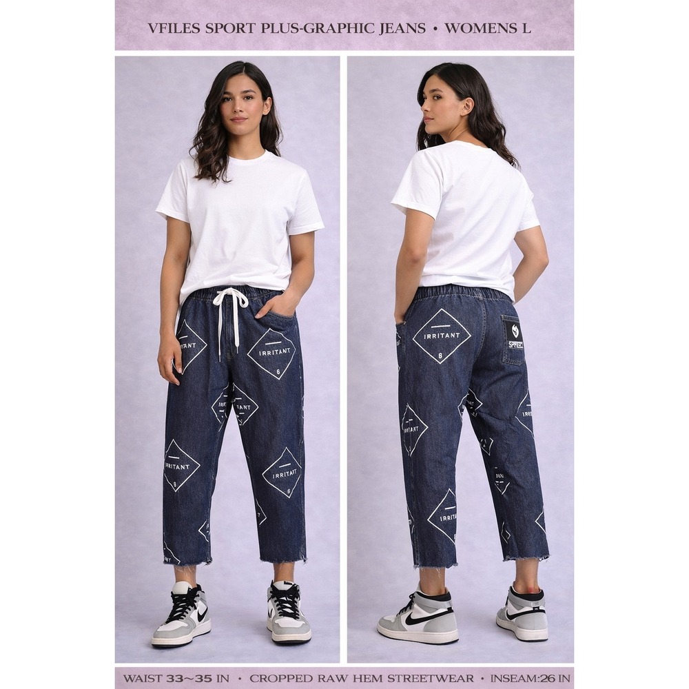 VFILES SPORT PLUS+ Mens Irritant Graphic Jeans Blue Dark Wash Cropped Size M